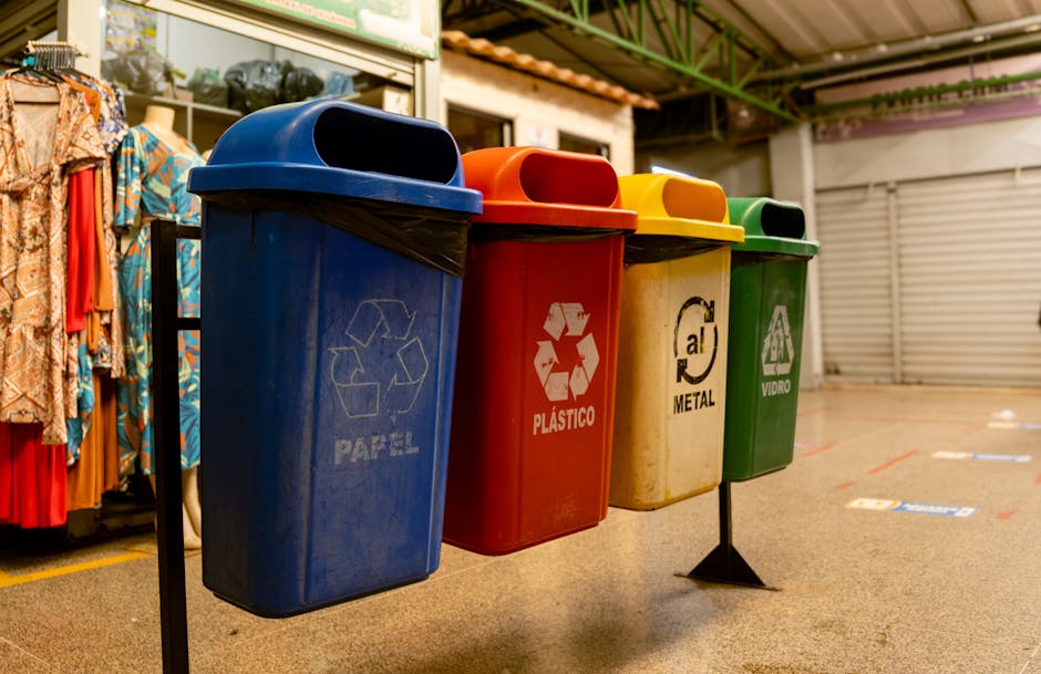 A row of four colour-coded recycling bins positioned outdoors on a paved surface, each with distinct labels and materials, set against the backdrop of a building with an awning and a partially visible